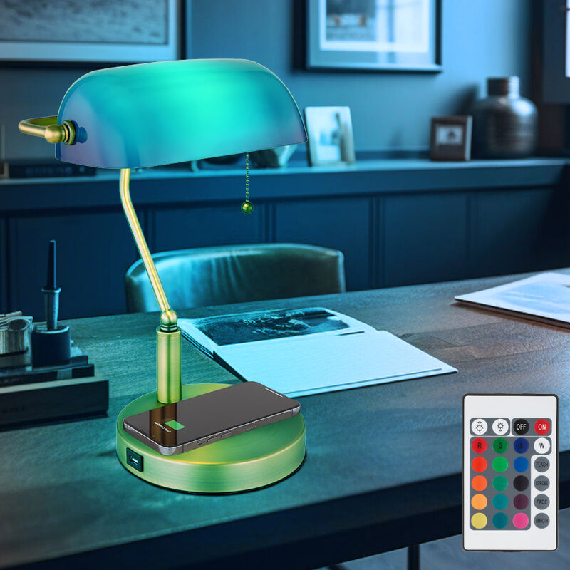 Image of Lampada da scrivania lampada da banchiere lampada da tavolo ottone vecchio vetro verde, porta usb per ricarica wireless, interruttore a tirante,