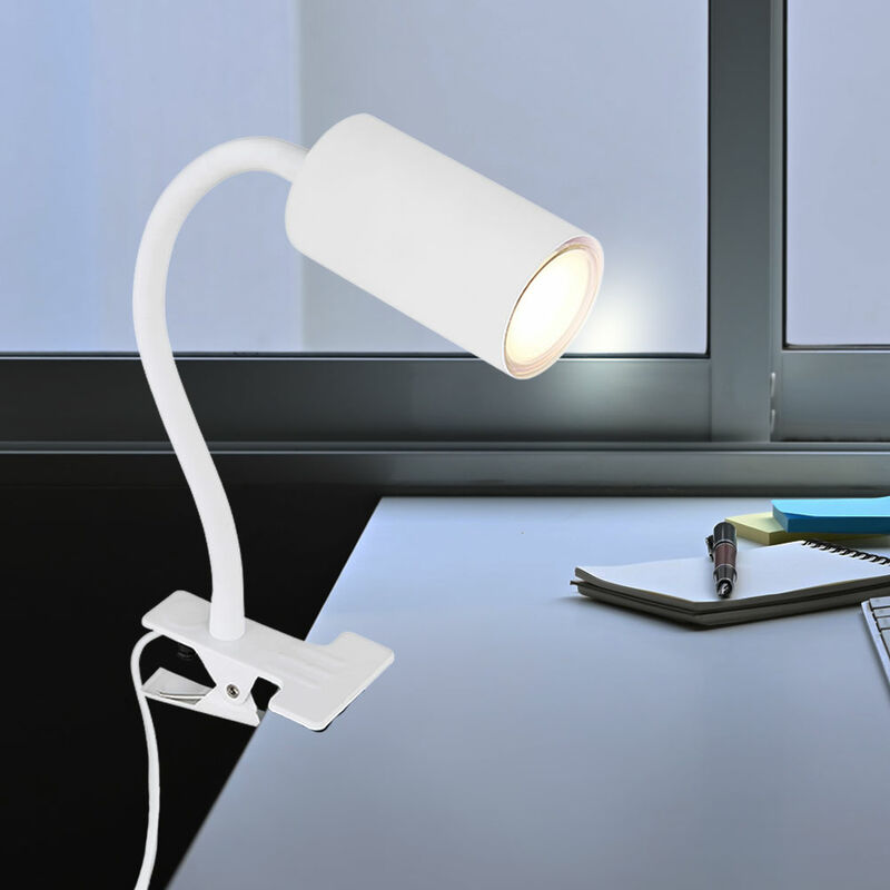 Image of Lampada da scrivania Lampada da lettura a collo di cigno bloccabile Morsetto da letto Morsetto Lampada da scrivania, plastica metallo bianco, 1x