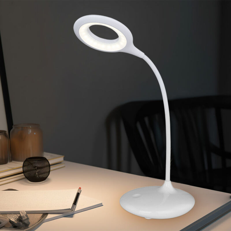 Image of Lampada da scrivania LED touch dimmer lampada da comodino lampada da tavolo flessibile bianca, batteria cavo USB, plastica bianca, 5W 260lm bianco
