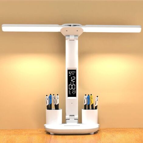 Lampada da scrivania per studio senza fili, dimmerabile, a batteria, con orologio, portapenne, display LCD, calendario e temperatura, 3 colori, luce 3200K.