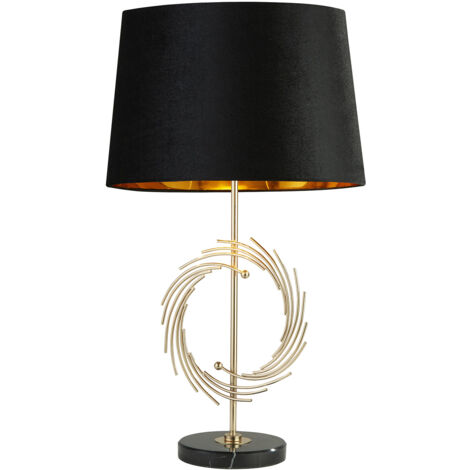 Lampada Da Scrivania Romano Marmo Nero Metallo Oro Tessuto Nero 1 Luce E27