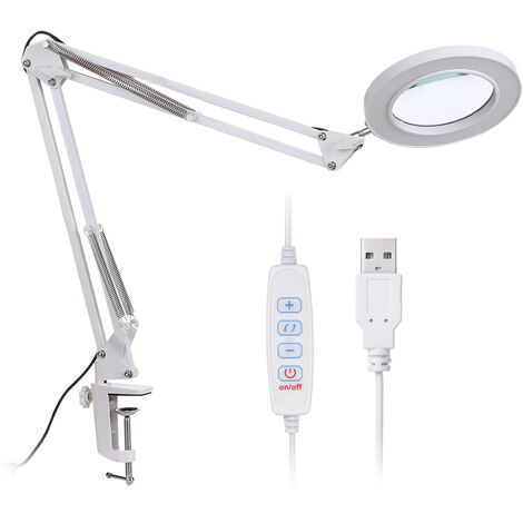 Lampada da scrivania USB, con morsetto, luce d'ingrandimento 8X, dimmerabile a 10 livelli con supporto flessibile pieghevole, bianco