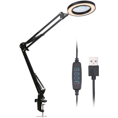 Lampada da scrivania USB, con morsetto, luce d'ingrandimento 8X, dimmerabile a 10 livelli con supporto flessibile pieghevole, nero