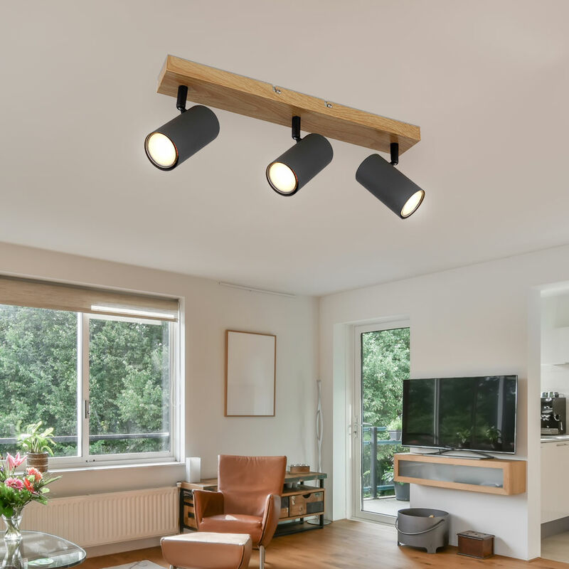 Image of Etc-shop - Lampada da soffitto, 3 faretti Plafoniera, tre fiamme Faretto da soffitto GU10 3 fiamme, orientabile, metallo effetto legno grafite, 3x