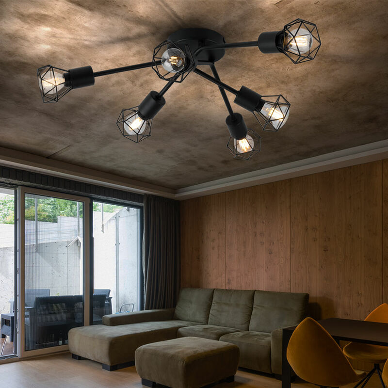 Image of Lampada da soffitto 6 fiamme nero lampada da soffitto gabbia moderna soggiorno lampada spot paralume reticolo, metallo, 6x E14, DxH 63x18 cm