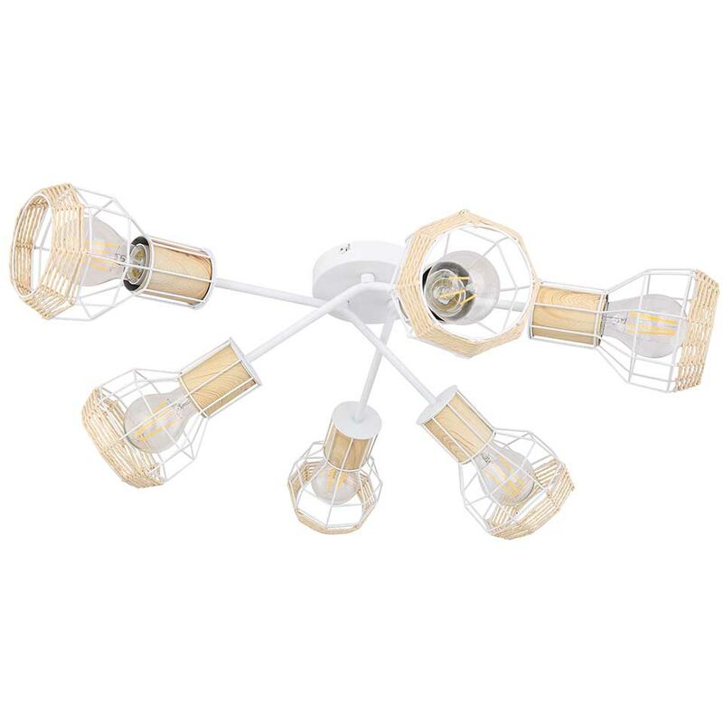 Image of Etc-shop - Lampada da soffitto a gabbia retro filamento soggiorno sala da pranzo legno rafia lampada bianca in un set che include lampadine a led