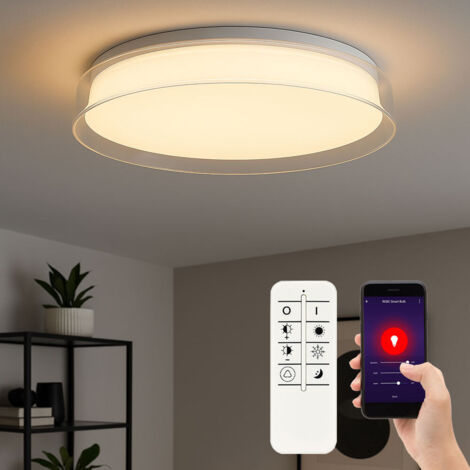 Lampada da soffitto a LED dimmerabile con telecomando Plafoniera Smart App Luce da soggiorno, bianco trasparente, 24W 2400lm bianco caldo-freddo, DxH 41x8 cm