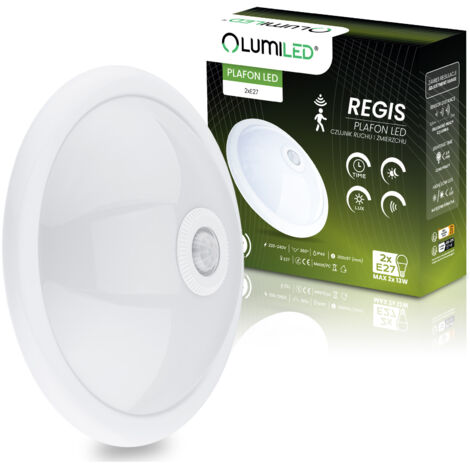 Lampada da soffitto a LED REGIS da superficie 2x E27 IP44 con sensore di movimento e crepuscolare bianco rotondo 30 cm LUMILED