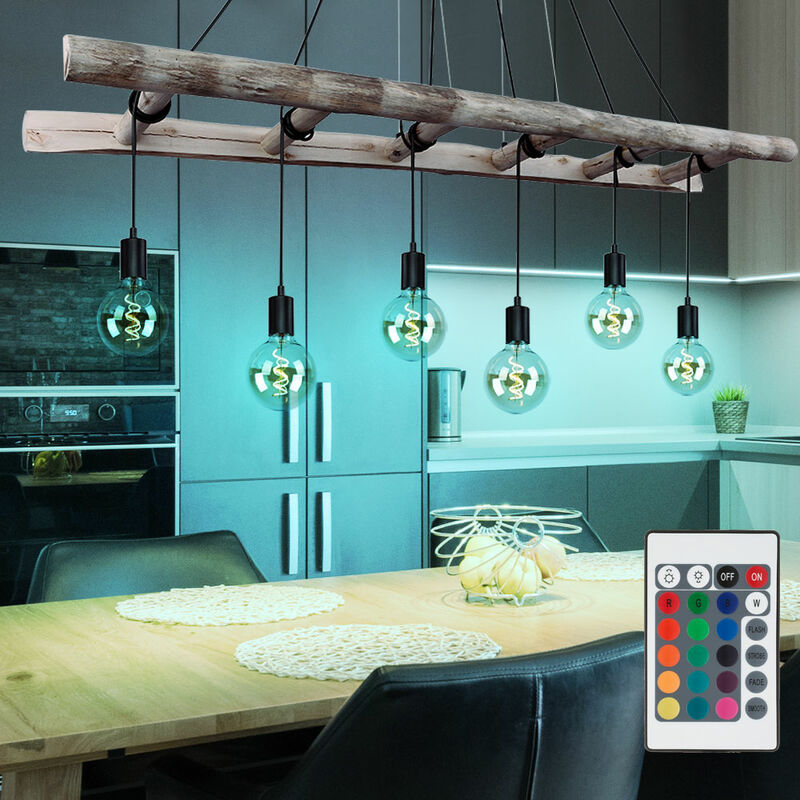 Image of Etc-shop - Lampada da soffitto vintage a pendolo dimmerabile luce scala in legno con telecomando in un set che include lampadine led rgb