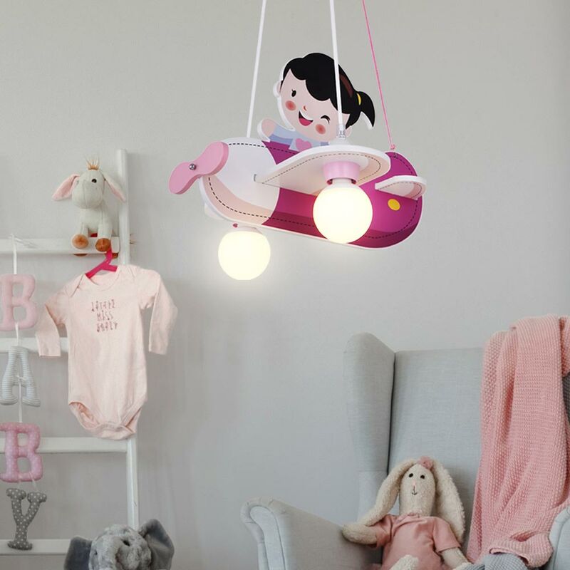 Image of Lampada a pendolo da soffitto per camera dei bambini aereo aviatore a sospensione rosa bianca in un set che include lampadine a LED