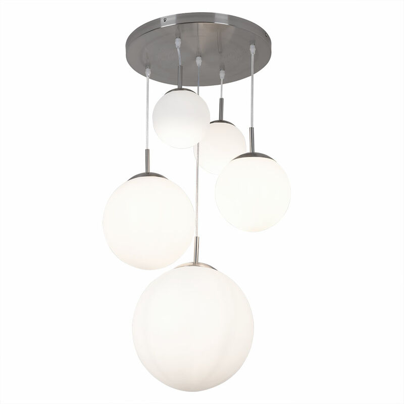 Image of Lampada a sospensione a soffitto con 5 sfere di vetro, design cromato, lampada a sospensione, illuminazione per soggiorno, sala da pranzo, camera da