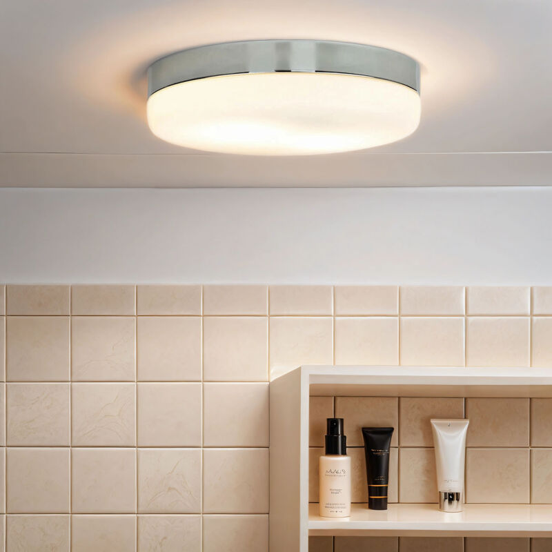 Image of Lampada da soffitto bagno ø 32 cm rotonda 2x E27 basso abbagliamento cromo bianco metallo vetro lampada da soffitto bagno luce - Cromo, bianco