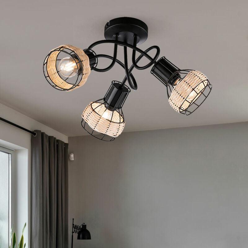 Image of Lampada da soffitto Boho lampada da soggiorno plafoniera 3 fiamme, metallo nero, rattan naturale, 3x E14, PxH 42 x 22,5 cm