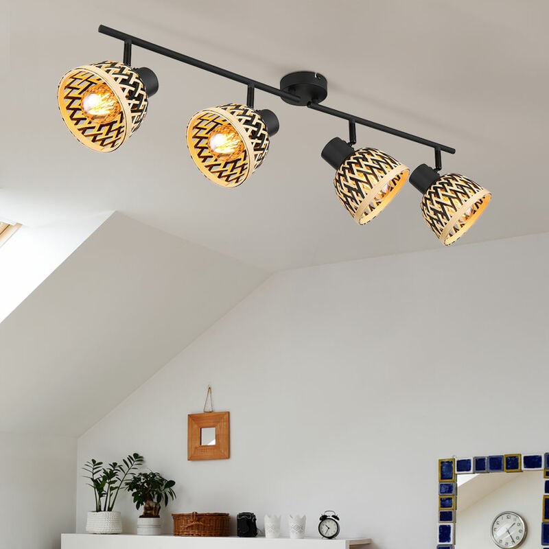 Image of Lampada da soffitto con striscia nera in bambù, lampada da sala da pranzo moderna, faretto da soffitto 4 fiamme naturali, punti luce da soffitto