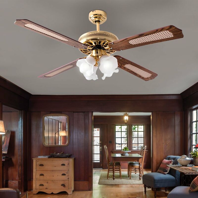 Image of Ventilatore da soffitto lampada da soffitto con ventilatore soggiorno ventola di raffreddamento con paralume in vetro, avantiritorno, 4x E27, d 132 cm