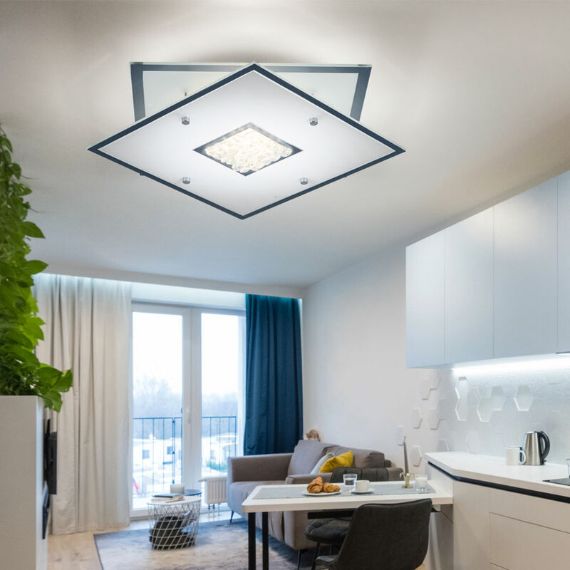 Image of Lampada da soffitto cromata LED plafoniera cristalli lampada da soggiorno in vetro, cristalli di vetro ghiacciato, 1x LED 20W 700Lm bianco caldo,