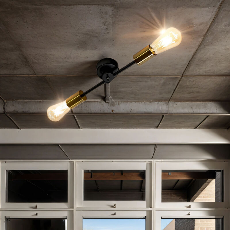 Image of Lampada da soffitto a 2 Punti Luce Lampadario dal Design industriale color ottone e nero ideale in cucina salotto retro - Nero, ottone
