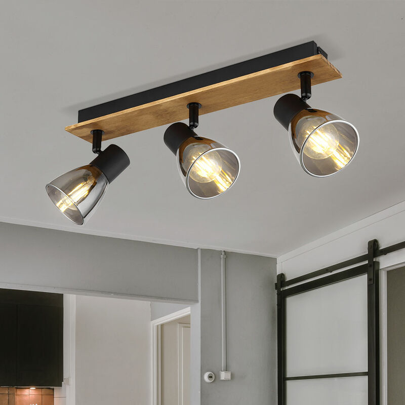 Image of Lampada da soffitto, faretto da soffitto, lampada da camera, faretto orientabile, lampada in legno, vetro in metallo, nero, 3x E14, LxPxH 40x7x15,5 cm