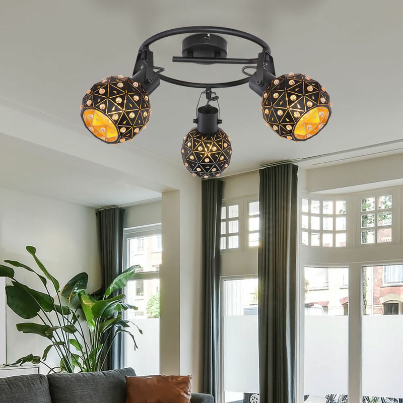 Image of Lampada da soffitto, faretto da soffitto, lampada da cucina, lampada da soggiorno, effetto cristallo, spot mobili, 3 fiamme, metallo oro nero, 3 x