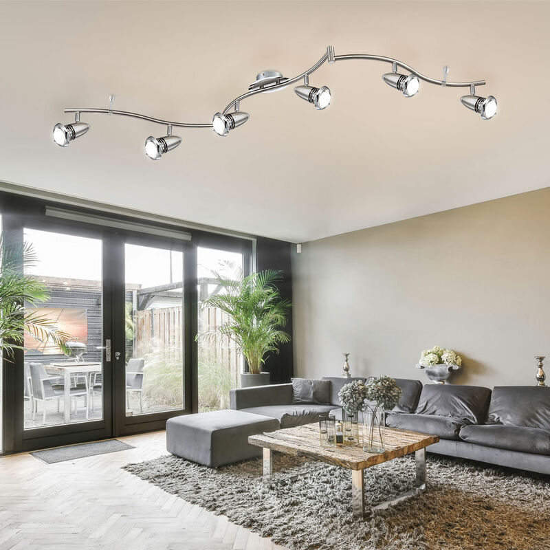 Image of Lampada da soffitto plafoniera orientabile a 6 luci faretti da soffitto mobili, nichel opaco, cromo, 6x led bianco caldo, LxPxA 145x9x18 cm