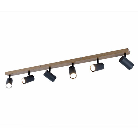 Lampada da soffitto in legno faretto in legno 6 fiamme, spot mobili stile country house, metallo marrone grafite, 6x prese GU10, LxLxH 115x6x12cm