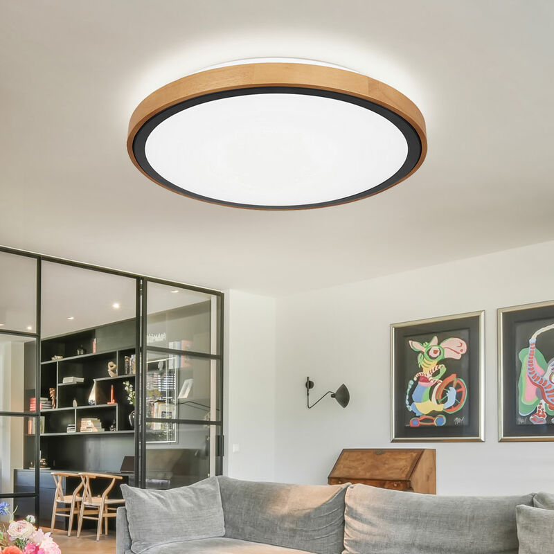 Image of Lampada da soffitto cct lampada da soffitto camera da letto stile country lampada in legno, effetto legno metallo marrone opale nero, 1x led 24W