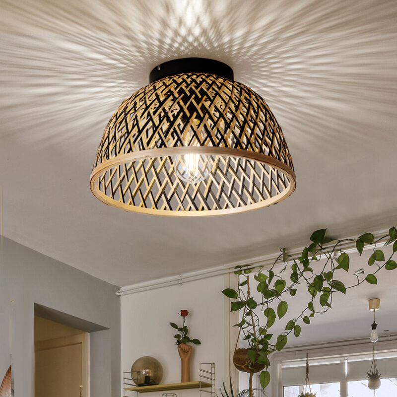 Image of Globo - Lampada da soffitto in rete di bambù lampada da soggiorno Boho soffitto marrone chiaro, paralume intrecciato naturale, metallo nero, 1x