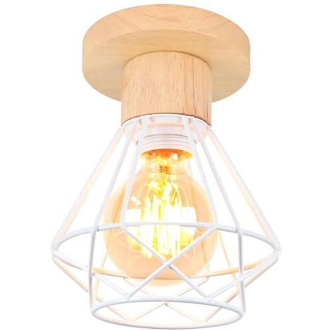 Lampada da soffitto industriale, lampadario vintage da 16 cm E27, lampada a sospensione retrò in ferro e legno, design a gabbia, lampada da soffitto bianca per ingresso, corridoio, camera da letto, cu