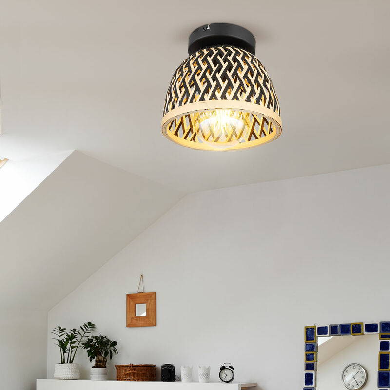 Image of Lampada da soffitto lampada da camera da letto in stile boho marrone bambù, paralume intrecciato naturale, legno metallo nero, 1x E27, DxH 20x17,5 cm