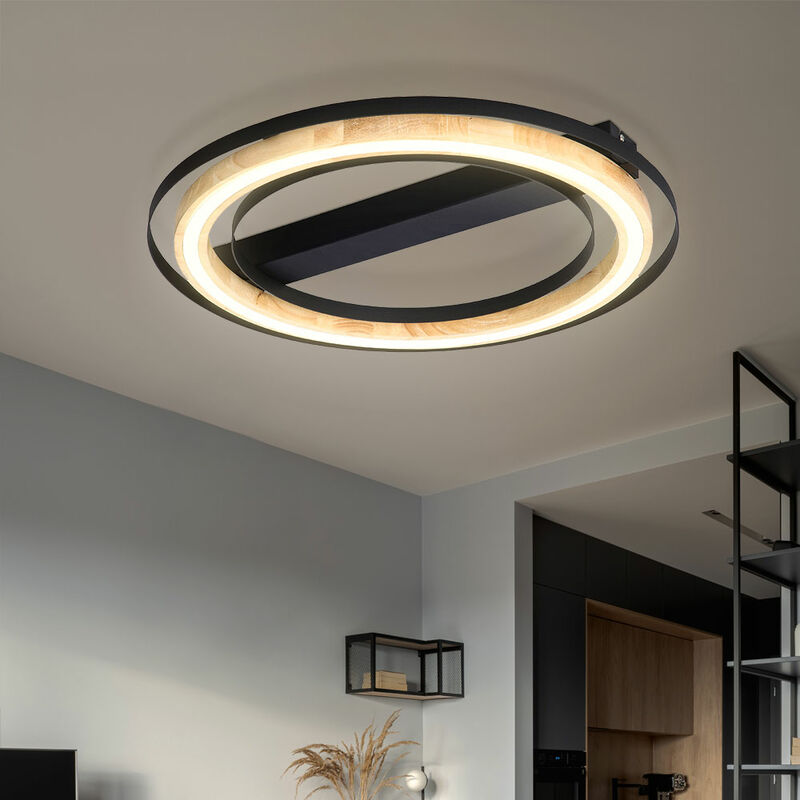 Image of Lampada da soffitto lampada da soffitto a led in bambù lampada da soffitto dimmerabile soggiorno, dimmer a 3 livelli effetto legno, metallo nero