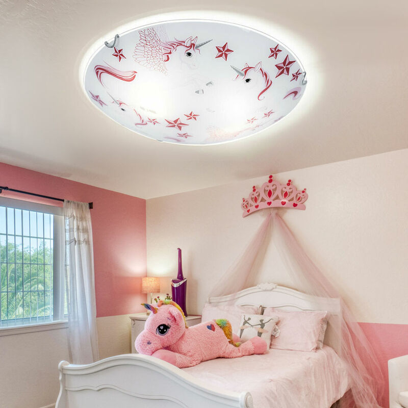 Image of Etc-shop - Lampada da soffitto Lampada da soffitto a led per bambini Lampada da soffitto per ragazze cameretta rotonda, vetro unicorno stelle bianco