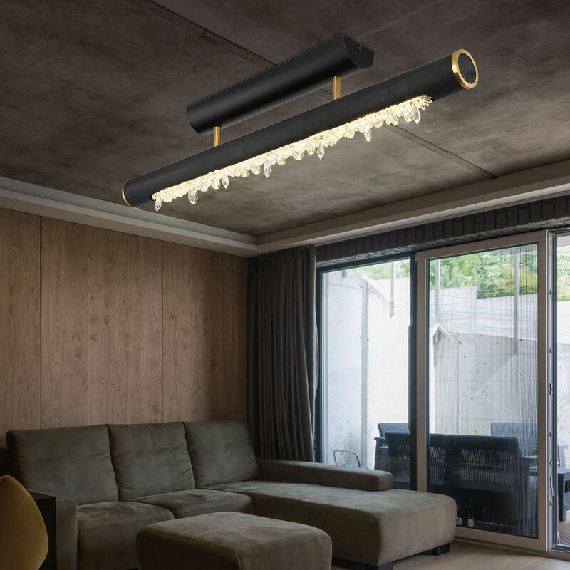Image of Lampada da soffitto Lampada da soffitto in legno Lampada da soggiorno a led cristalli di memoria led, metallo nero, 1x led 15W 680Lm bianco caldo,