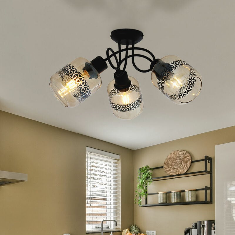 Image of Lampada da soffitto Lampada da soggiorno a 3 luci Lampada da cucina Plafoniera, metallo nero, vetro ambrato, decoro fiore della vita, 3x E27, DxH