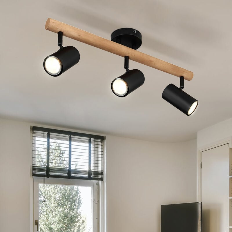 Image of Lampada da soffitto lampada da soggiorno lampada da sala da pranzo faretto da soffitto, legno metallo nero, 3 fiamme, GU10, l 54 cm