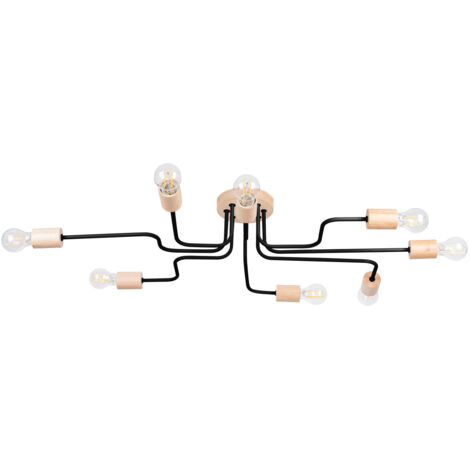 Lampada da soffitto lampadario industriale nero con elementi in legno per soggiorno sala da pranzo 8xE27 15W TIMBO Sollux Lighting
