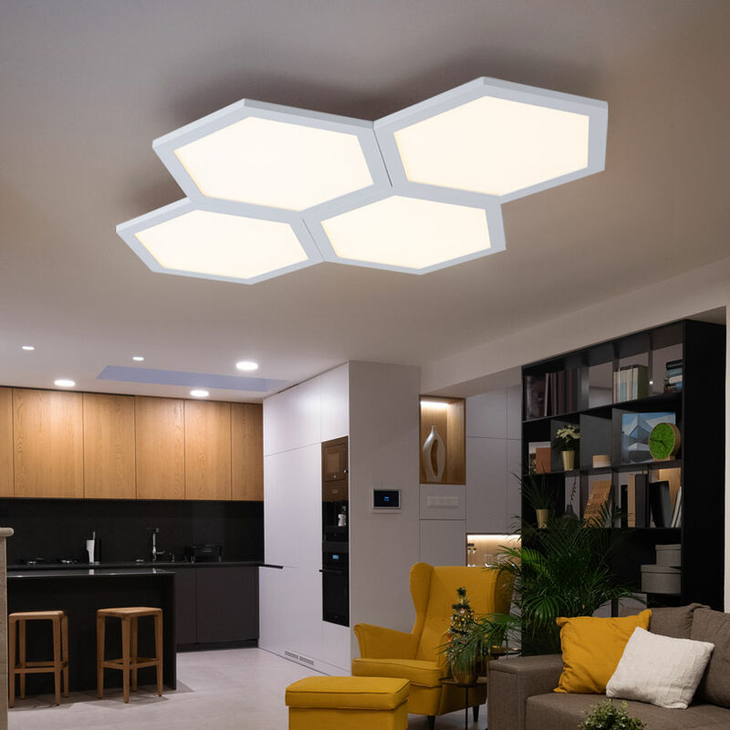Image of Lampada da soffitto led design moderno plafoniera soggiorno, metallo esagonale a nido d'ape, bianco, 48W 2920lm bianco caldo, LxLxH 75x52x4,8 cm