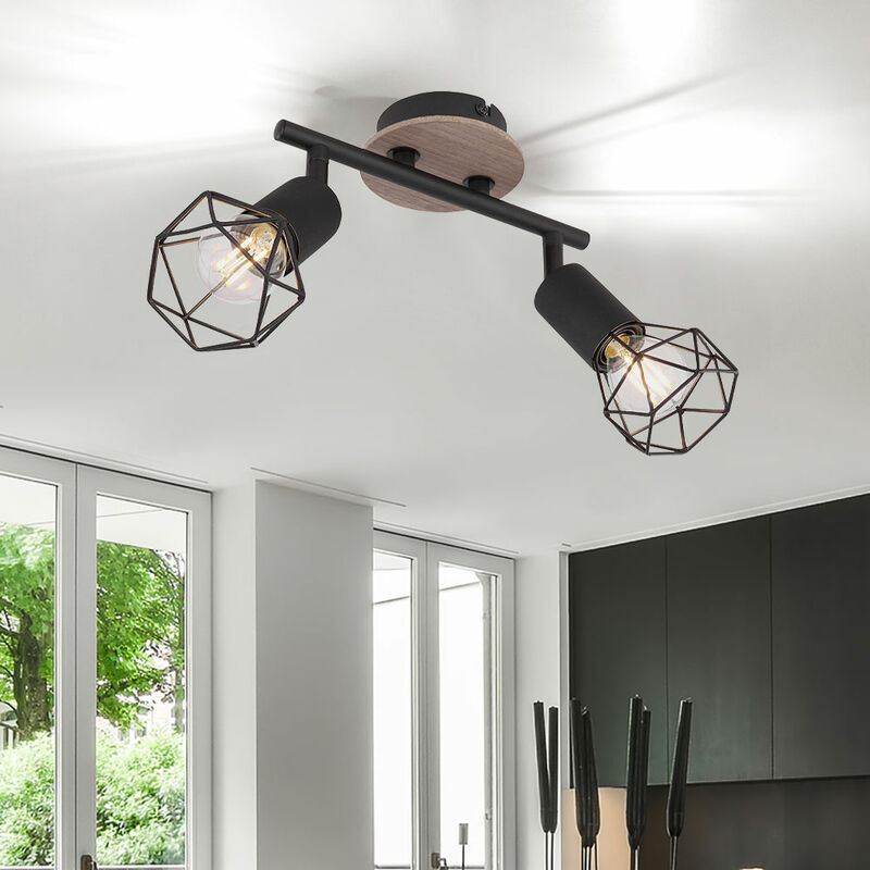 Image of Lampada da soffitto, nera, lampada da soggiorno, faretto da soffitto, legno, striscia spot, 2 fiamme, orientabile, metallo, 2x E14, LxPxA 22x10x18 cm