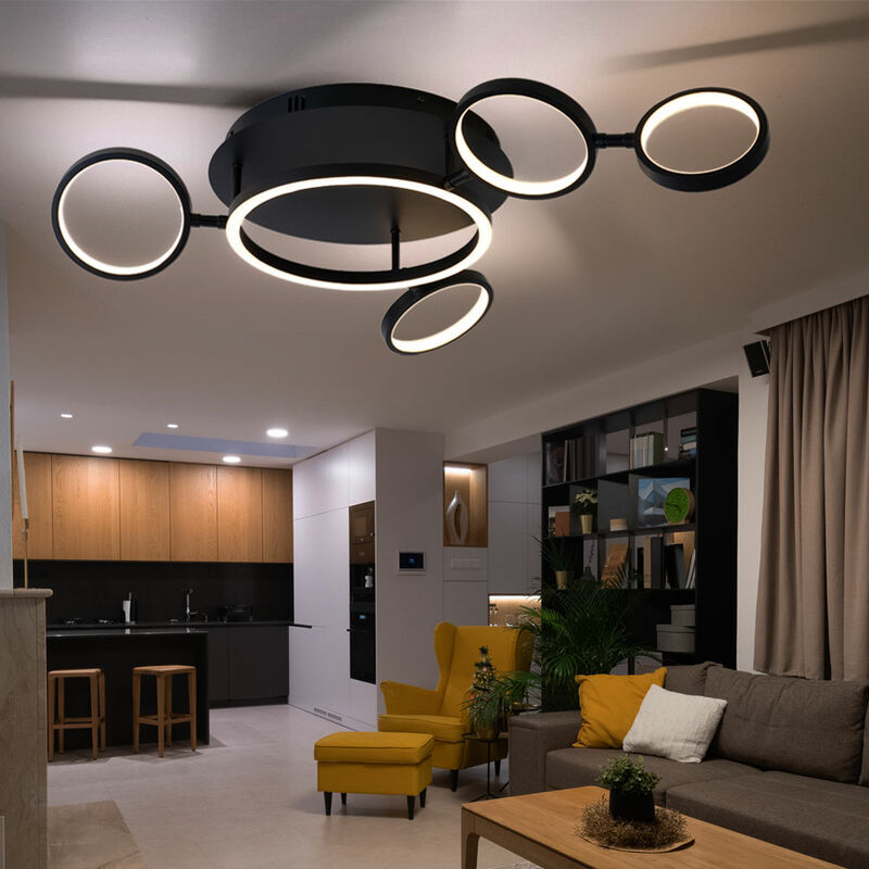 Image of Lampada da soffitto nera led da soggiorno, lampada di design, anelli luminosi regolabili, metallo nero opaco, 29W 1360lm bianco caldo, LxH 79 x 11,5