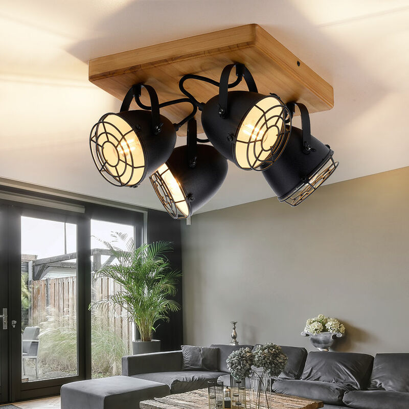 Image of Lampada da soffitto, nero, faretti da soffitto, lampada da soggiorno, casa di campagna, faretto orientabile, metallo opaco, 4x E14, LxLxA 31x31x20 cm