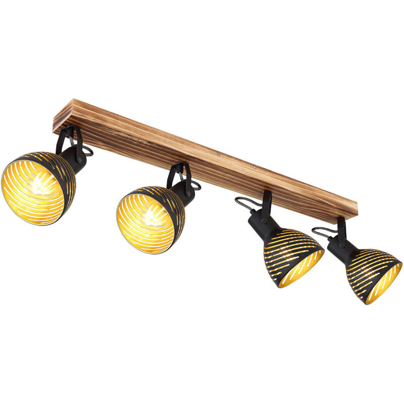 Image of Lampada da soffitto nero oro soggiorno luce casa di campagna faretto da soffitto lampada in legno a 4 luci, barra spot orientabile, metallo, 4x prese