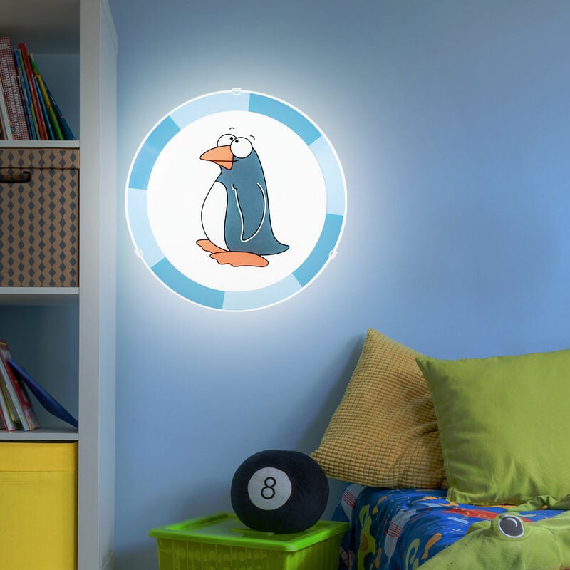 Image of Etc-shop - Lampada da soffitto per cameretta dei bambini Lampada da soffitto a pinguino Lampada da parete per bambini blu per bambini, vetro