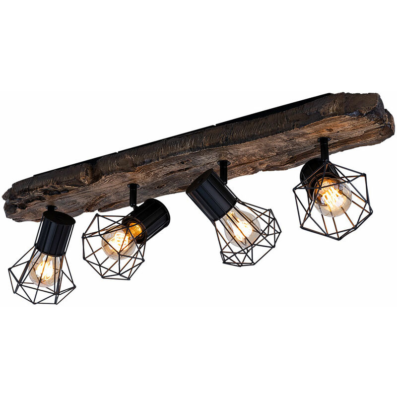 Image of Lampada da soffitto per casa di campagna marrone nero faretto da soffitto 4 fiamme effetto legno lampada da soffitto metallo, l 78
