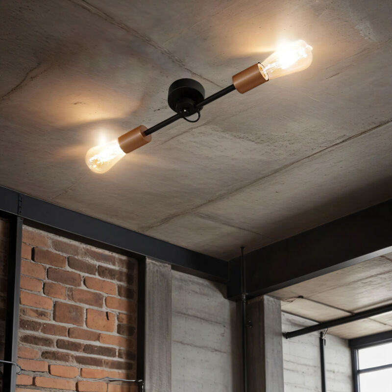 Image of Licht-erlebnisse - Lampada da soffitto per interni sticks dal design vintage color nero per salotto a due luci 2xE27 - Nero, rame