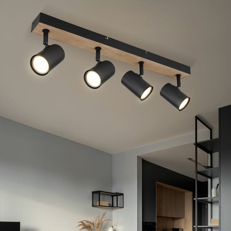 Image of Lampada da soffitto Plafoniera 4 fiamme faretto mobile effetto legno nero con spot regolabili, metallo nero, 4 prese GU10, LxLxA 55,5x6x13,5 cm