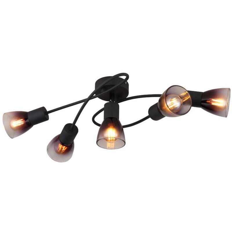 Image of Lampada da soffitto plafoniera a 5 luci lampada da soggiorno nera lampada da camera da letto, vetro trasparente color fumo, 5x E14, LxH 58 x 16,5 cm