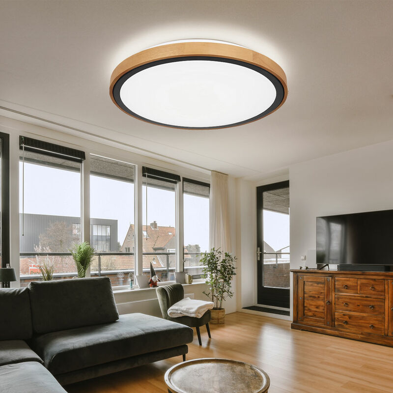Image of Globo - Lampada da soffitto plafoniera cct camera da letto stile country luce in legno, aspetto legno marrone metallo nero opale, 1x led 24W 1000Lm