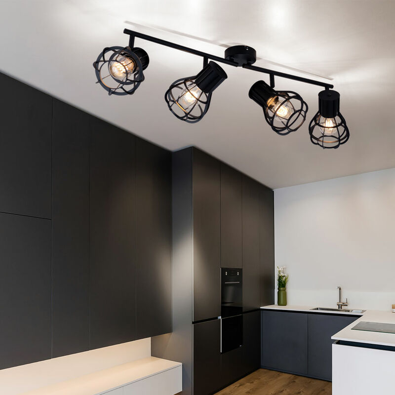 Image of Lampada da soffitto plafoniera faretto sala da pranzo effetto gabbia Lampade da soffitto a 4 luci, metallo nero, 4 prese E27, LxPxA 70x13x22,5 cm