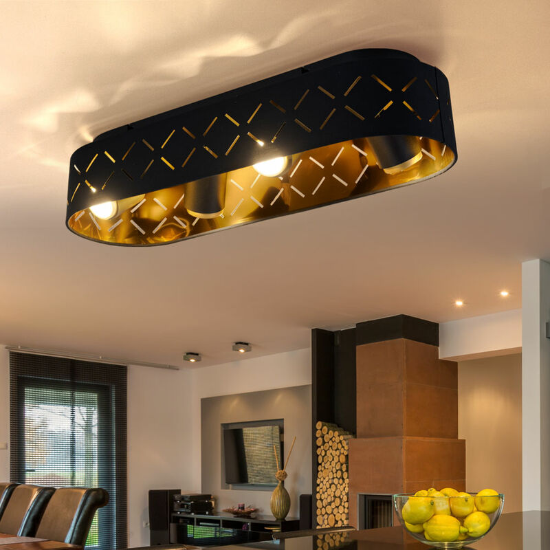 Image of Lampada da soffitto Plafoniera lampada da soggiorno, 4 punti fiamma mobili, metallo tessuto nero oro, 4x GU10 led 4W 320Lm bianco caldo, LxPxH