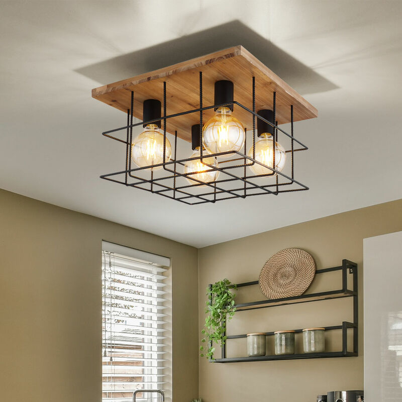 Image of Lampada da soffitto plafoniera lampada in legno lampada da soggiorno lampada da sala da pranzo, 4 lampadine griglia metallica industriale marrone
