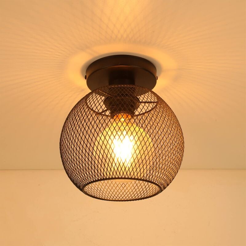 Image of Lampada da Soffitto Retrò, Plafoniera con Presa E27 in Ferro Retrò Dal Design Industriale, Lampadario a Gabbia in Stile Country, Paralume in Metallo